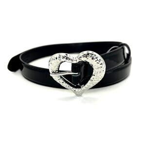 Black Suede Studio Patent Leather Belt Silver Hammered Heart Buckle NEW Medium